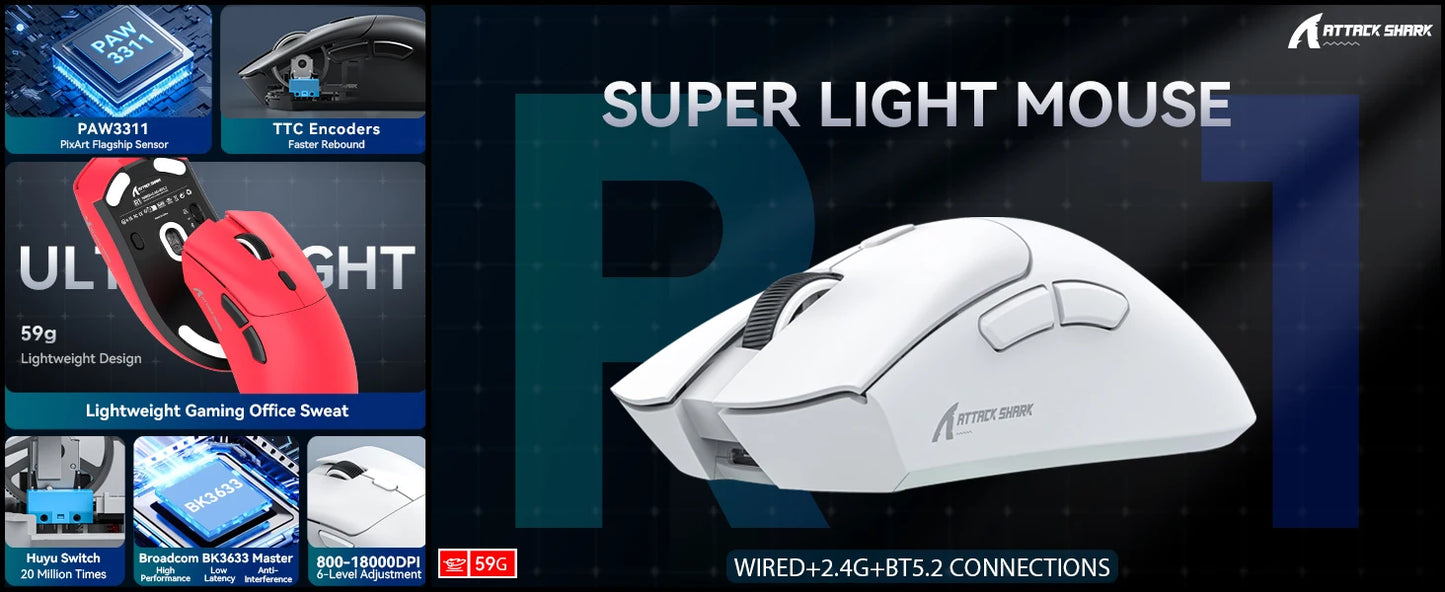 Mysz gamingowa ATTACK SHARK R1 Tri-mode, sensor PixArt PAW3311, 18000 DPI, 1000hz, ultralekka 59g, do dużych dłoni, do PC/Mac