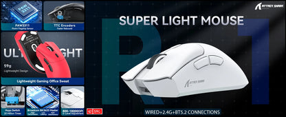 Mysz gamingowa ATTACK SHARK R1 Tri-mode, sensor PixArt PAW3311, 18000 DPI, 1000hz, ultralekka 59g, do dużych dłoni, do PC/Mac