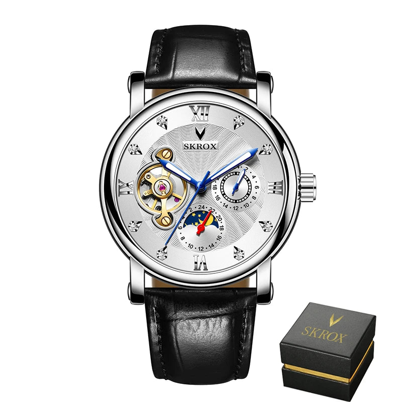 Luxe automatisch mechanisch herenhorloge van een bekend merk, voorzien van een tourbillon, een maanfase-indicator en diamanten – een elegant polshorloge.