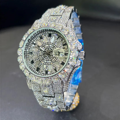 MISSFOX Fashion lced Out Silver Mens Watch Luxury Calendar Waterproof Watch For Man Hip Hop High Quality Big Diamond Wristwatch