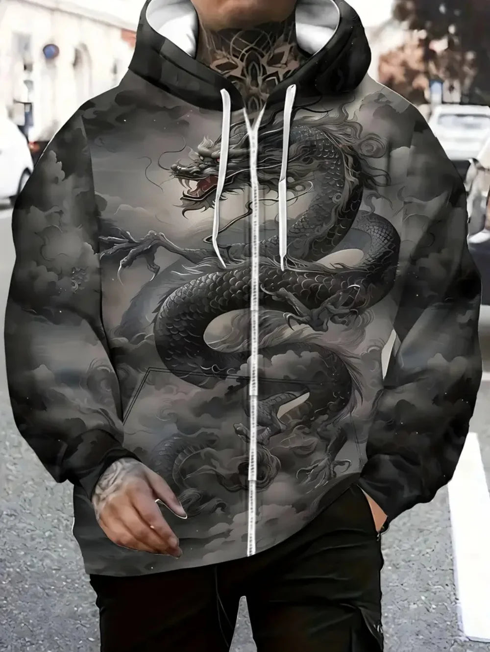 Sweatshirt com capuz e fecho de correr para homem, com estampado de dragão, cordão ajustável, manga comprida, corte oversize, para atividades ao ar livre e viagens, outono/inverno