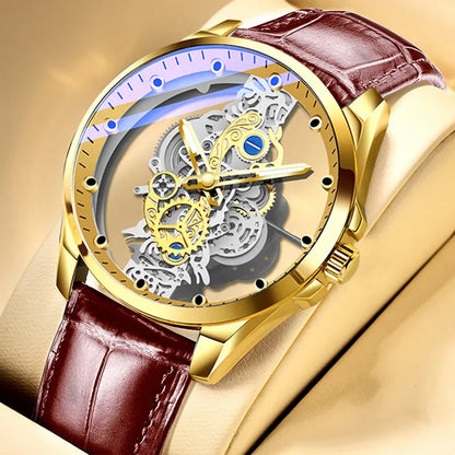 Trendové pánské hodinky, model s dvojitým víčkem, luxusní zlatý styl, imitace mechanického tourbillonu, quartzový strojek.