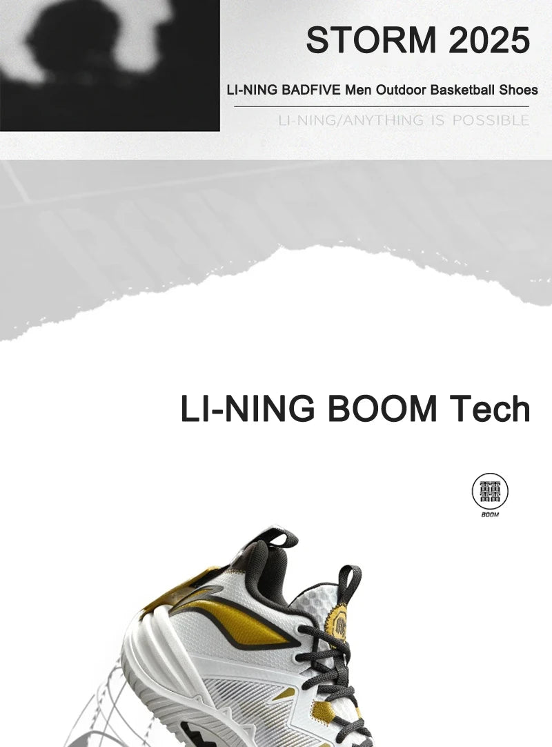 Pánske outdoorové basketbalové topánky Li-Ning BADFIVE STORM s tlmením BOOM a technológiou TUFF OS – športové tenisky LiNing ABFV017