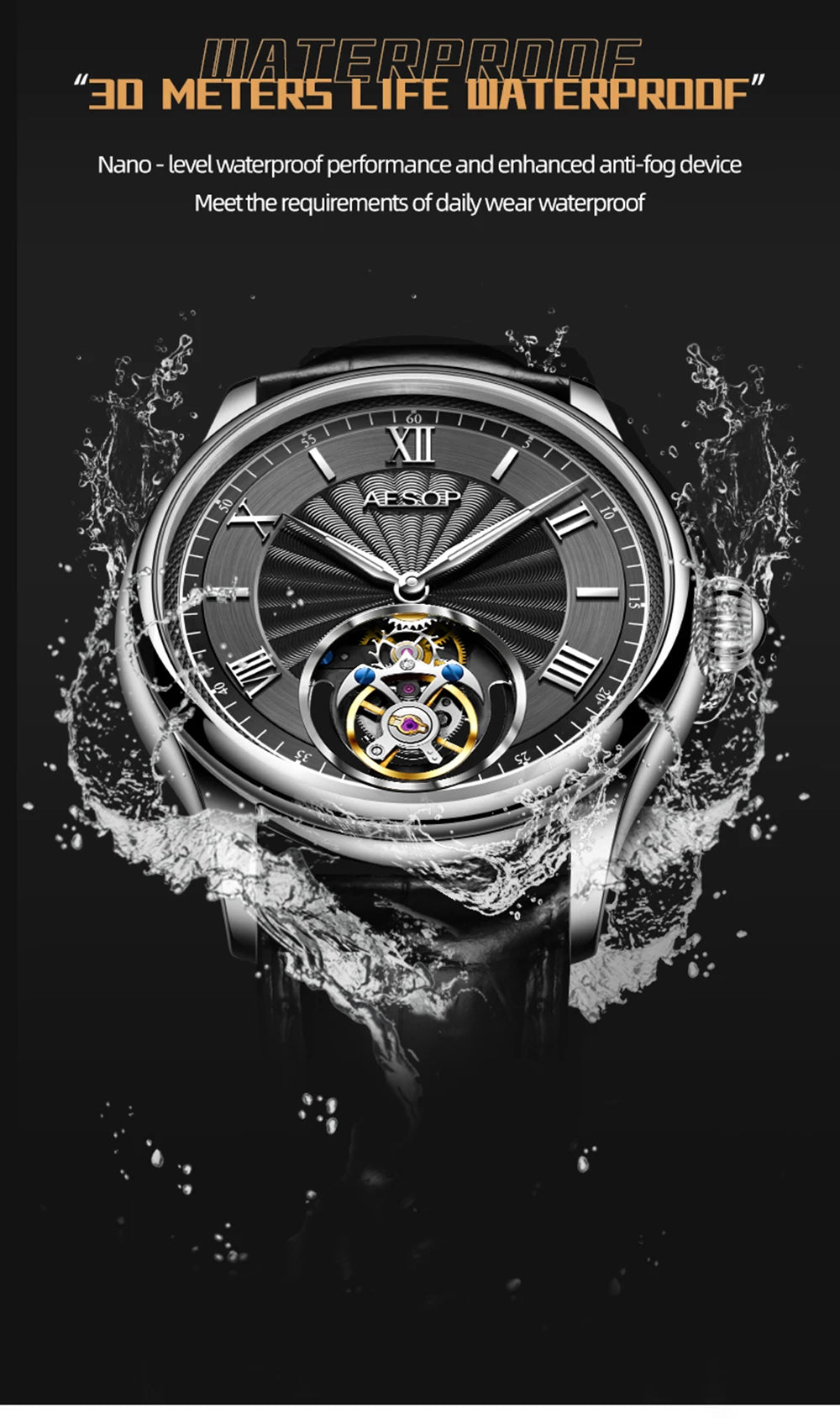 AESOP Mens Mechanical Wristwatches Flying Tourbillon Movement Skeleton Watch for Men Man Luxury Clocks Real Tourbillon Watch