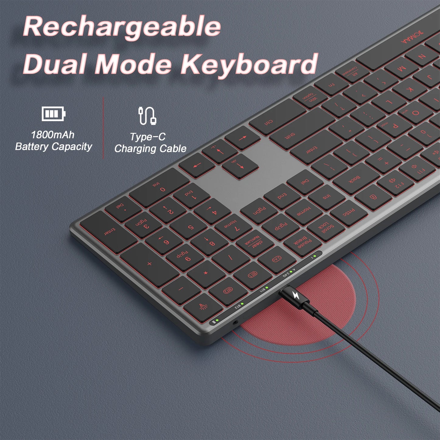Jomaa Wireless Bluetooth Keyboard Multi-Device Full Size Wireless Backlight Keyboard with Number Pad, for Windows/PC/Laptop/Phone