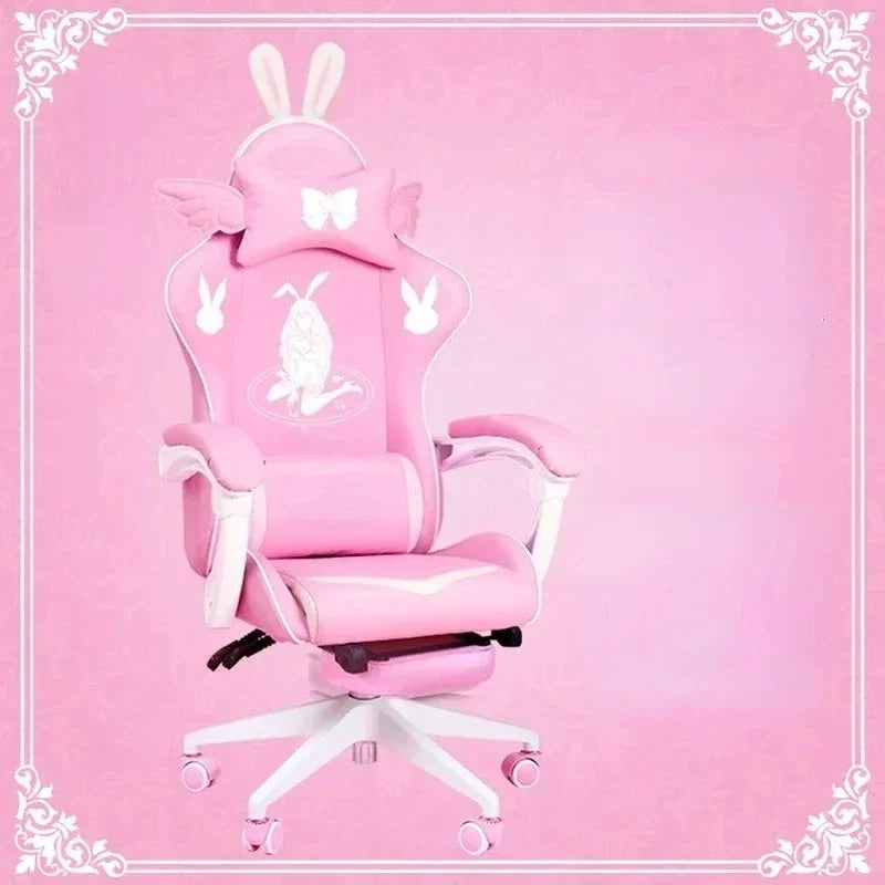 Pink Gaming Chair for Girls with Footrest, Comfortable Adjustable Swivel Computer Chair, Cartoon Gamer Chair for Bedroom, Office & Study