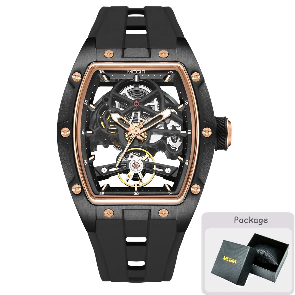 Montre mécanique pour homme MEGIR, forme tonneau, cadran squelette ajouré, style sportif, bracelet en silicone, montre automatique de luxe