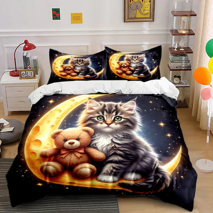 Conjunto de capa de edredão com padrão de gato fofo e ursinho na lua, estampado digital colorido, roupa de cama em poliéster com fecho de correr, para presentes de criança