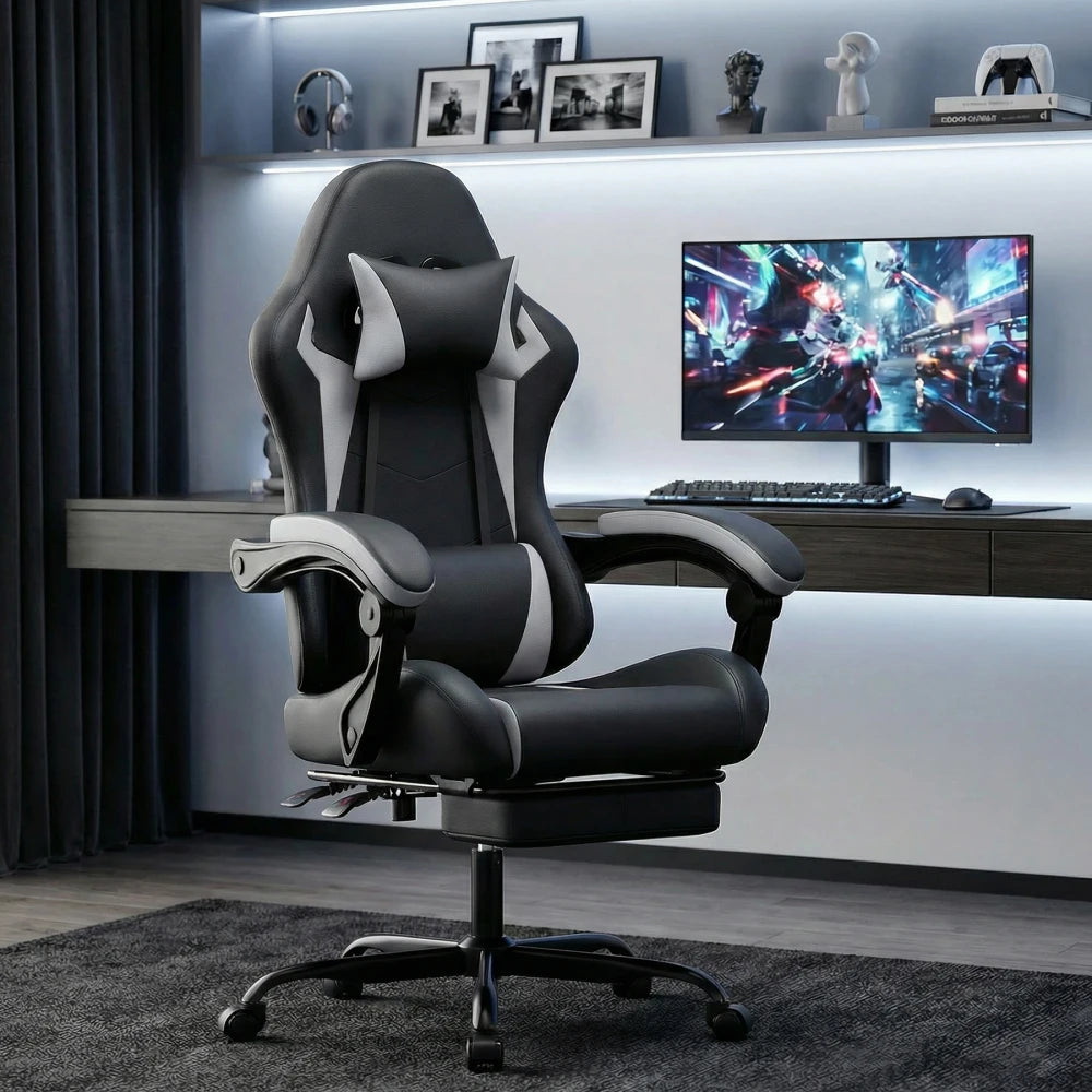 Ergonomic Gaming Chair with Lumbar Support & Headrest, Adjustable Gamer Chair, Reclining PC Office Chair with Footrest for Adults