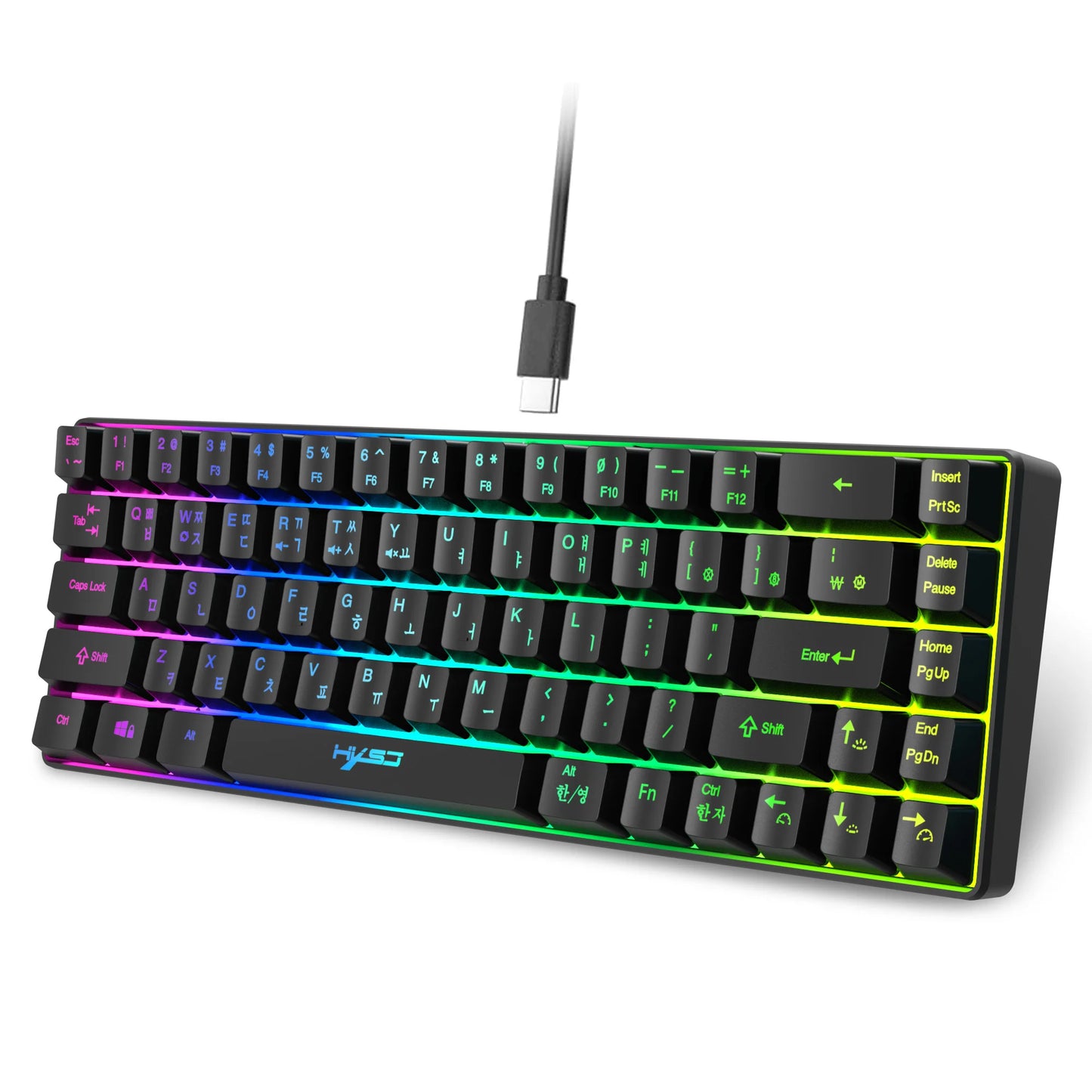 Tragbare HXSJ V200 68-Tasten-Gaming-Tastatur mit koreanischem Layout, 65%, kabelgebundene Office-Membrantastatur mit RGB-Hintergrundbeleuchtung für Desktop-PCs und Laptops