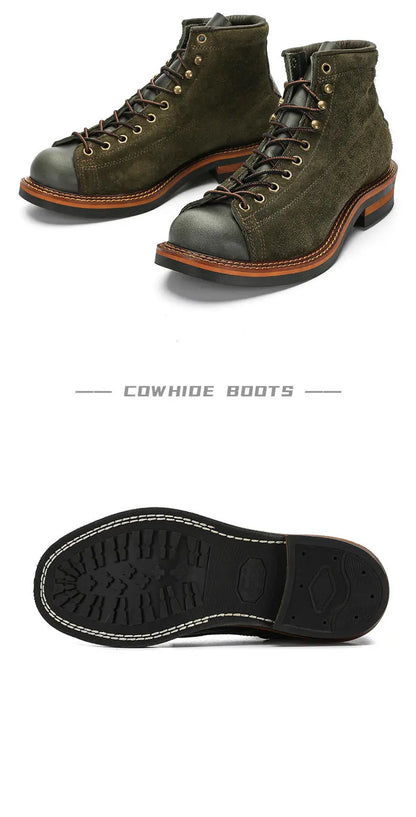 KOWM cowhide Hiking shoes men's walking boot British trekking shoes thick soled cowhide high top motorcycle boots ankle sneakers