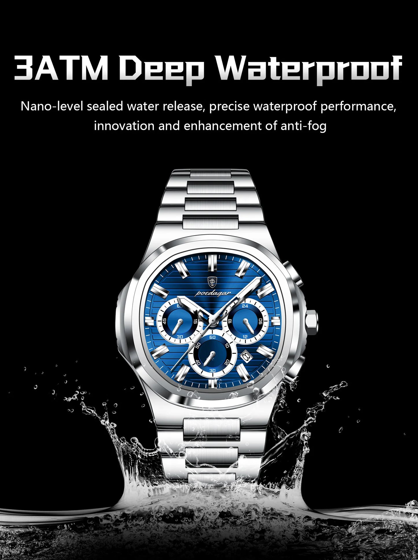 POEDAGAR Men’s Luxury Stainless Steel Quartz Watch  Waterproof Chronograph with Luminous Dial & Date