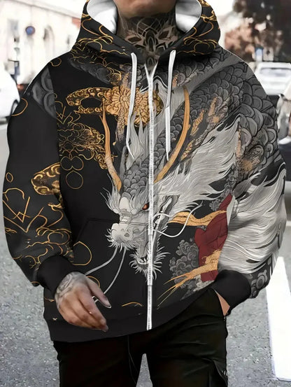 Sweatshirt com capuz e fecho de correr para homem, com estampado de dragão, cordão ajustável, manga comprida, corte oversize, para atividades ao ar livre e viagens, outono/inverno