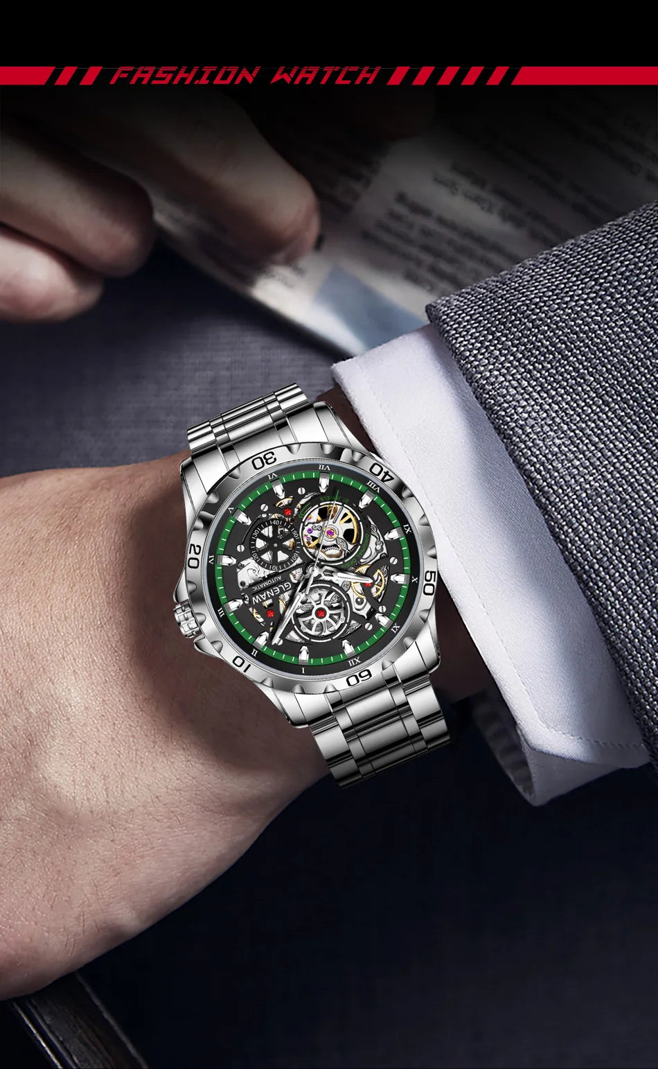 GLENAW Steampunk Skeleton Men's Watch Ring Luxury Automatic Mechanical Watches Luminous Waterproof Stainless Steel Strap Watch