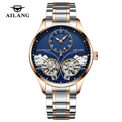 AILANG brandneue modische Double-Tourbillon-Uhr für Herren, Luxus-Edelstahl, wasserdicht, automatisch-mechanische Herrenuhr
