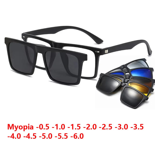 Myopia Polarized Magnet Sunglasses Women Men Clip On Glasses Square Optic Spectacle 6 In 1 Eyeglass Frames -0.5 TO -10