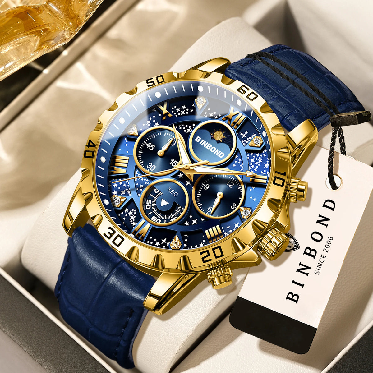 Orologio da polso al quarzo BINBOND, autentico e preciso, da uomo, cronografo di lusso illuminato e impermeabile con cinturino in pelle.