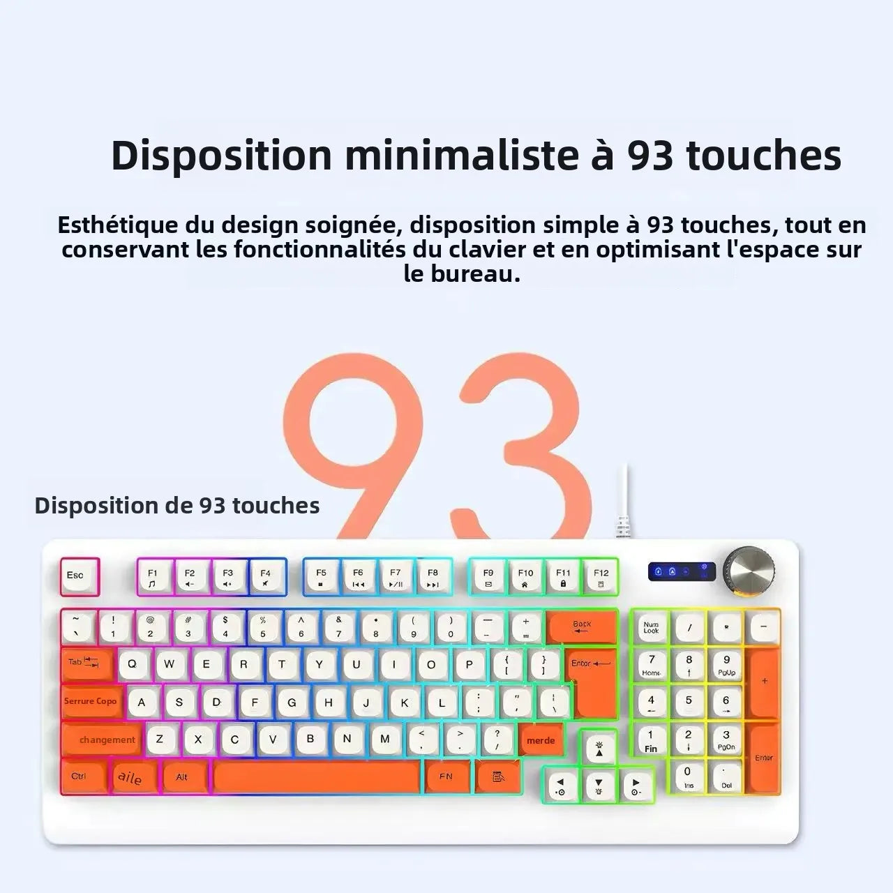 93-Key Minimalist Wired Gaming Keyboard Mixed Color Lighting With Multifunction Knob Mechanical Feeling Keyboard For PC Gamers