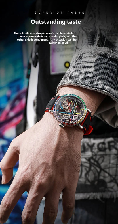 Rainbow Colored Gemstone Tourbillon Fashion Skeleton Watch Men Waterproof 30M Sports Watches Luxury Automatic Mechanical Clock