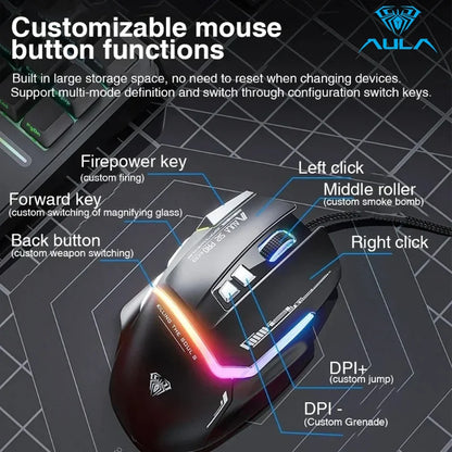 AULA S12Pro kablet mekanisk mus 1000HZ 12800DPI RGB lav latenstid makrodefinitioner esport gamingmus PC-gamer-tilbehør