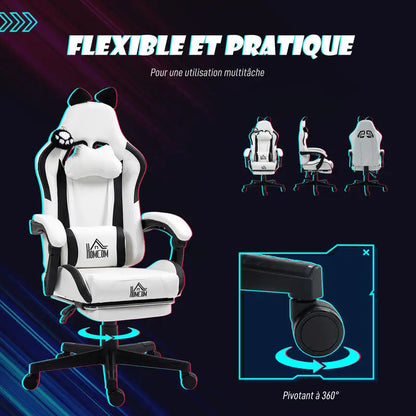Cute Cat Gaming Chair with Removable Cat Ears, Retractable Footrest, Adjustable Height, Lumbar Support, 360° Swivel Reclining Gamer Chair