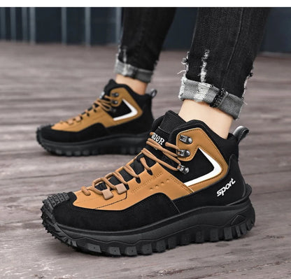 Black And Tan Mid Top Hiking Boots Suede And Leather Platform Sneakers Non Slip Outdoor Casual Shoes With Rugged Sole For All