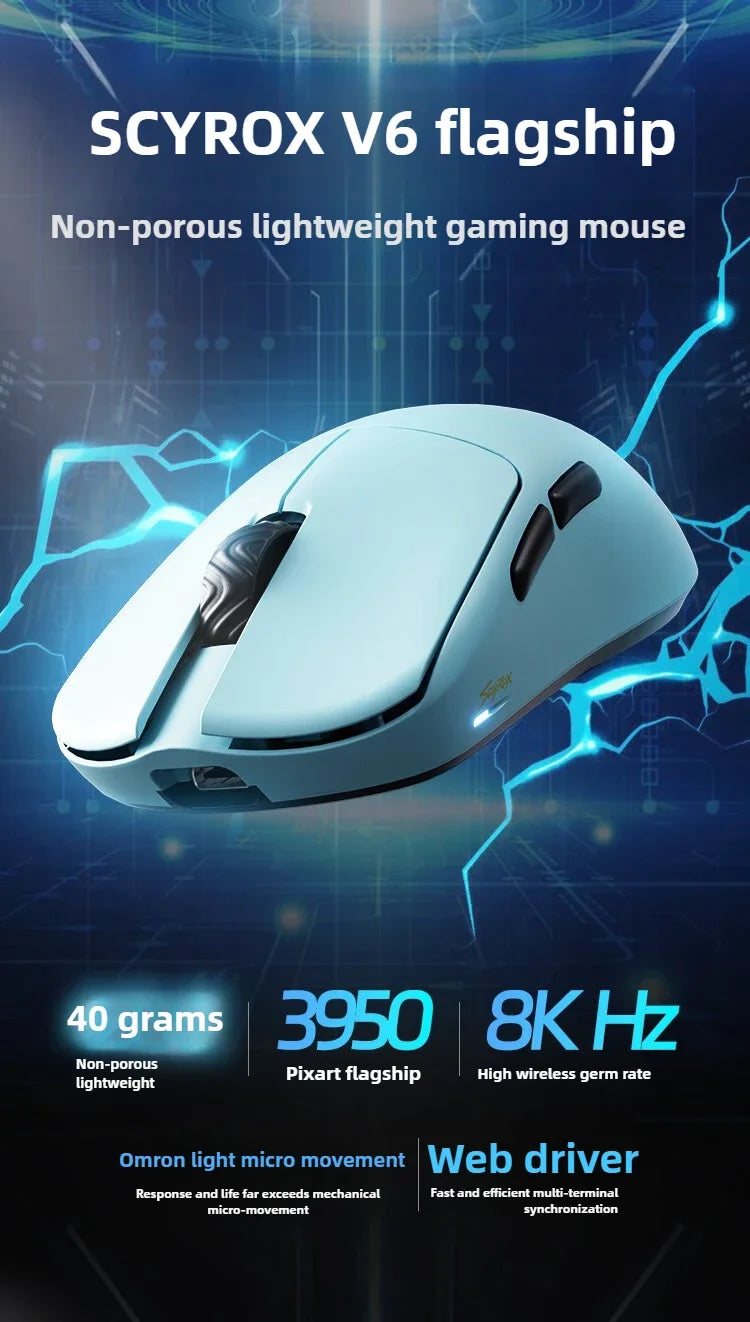 SCYROX V6 non-porous wireless mouse esports 40g 750IPS with 8k receiver fast response pixart 3950 high quality 8KHz web driver