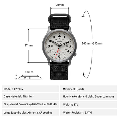 BERNY Titanium Watches for Men Classic Men's Field Watch Easy Read Outdoor Quartz Wristwatch Super Luminous Sapphire 5ATM