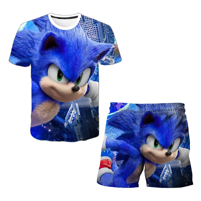 New Boys T-shirt Sonic The Hedgehog 3D T-shirt Set for Boys Girls Cute Summer Top + Shorts Children's Short-Sleeve Birthday Gift