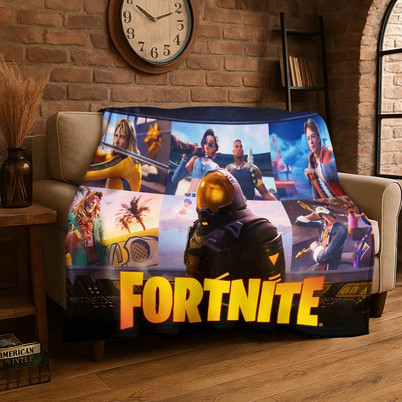 Kreskówkowy koc flanelowy dla graczy F-Fortnite – miękki, ciepły pled do sypialni, salonu, łóżka, podróży, na kemping, piknik lub prezent