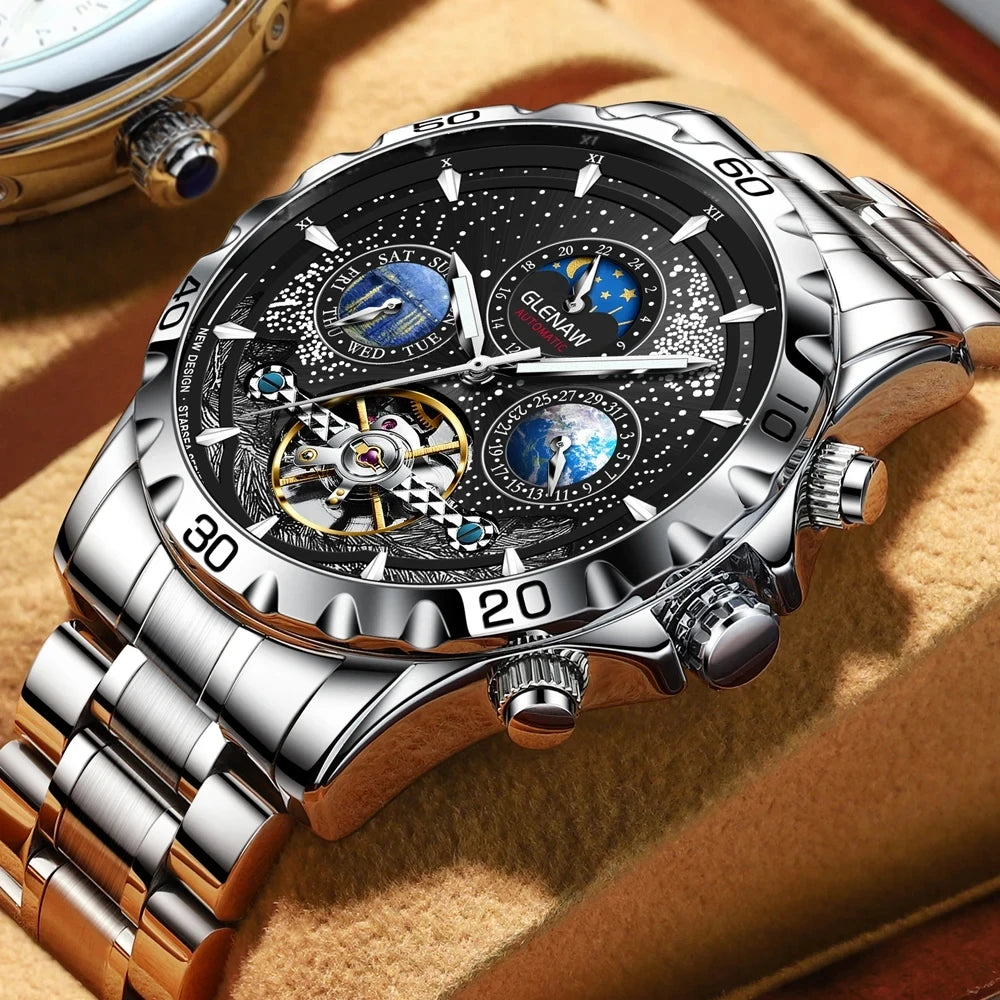 Orologio da uomo con movimento meccanico a carica automatica in acciaio inossidabile. Forma della cassa: rotonda