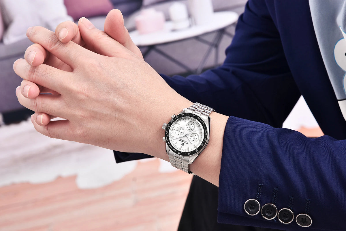 PAGANI DESIGN herenhorloge „New Moon“ – Luxe quartzhorloge, chronograaf, saffierglas met antireflectiebehandeling, keramische lunette, lichtgevende wijzers