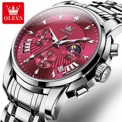 OLEVS – Modische rote Herrenuhr, luxuriöse Sportuhr, wasserdicht, Edelstahl-Chronograph, Quarz-Uhr, Herrenuhr (Relogio Masculino)