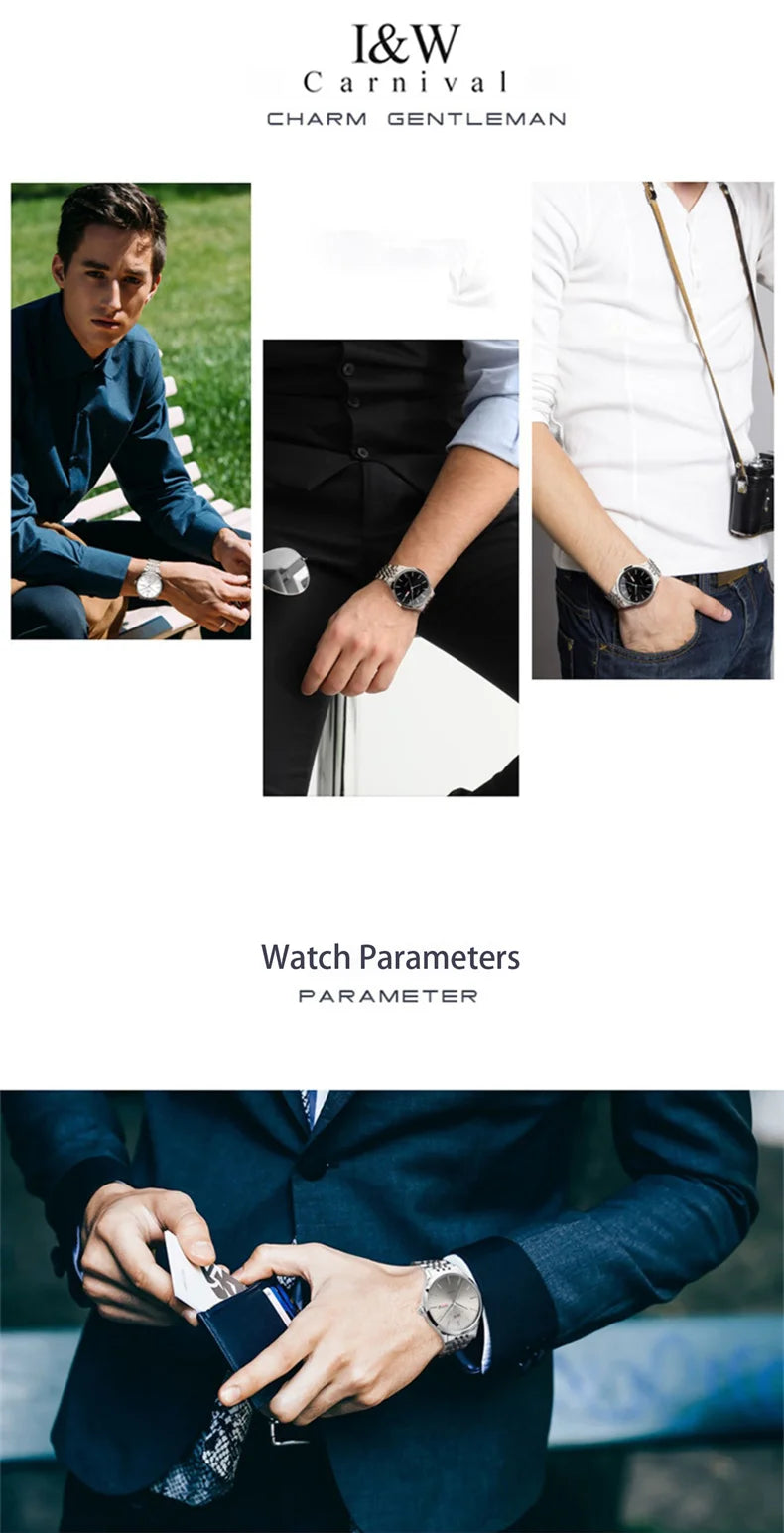 Carnival High-end Series I&W Brand Automatic Mechanical Watches Men Waterproof Watches 316L Steel Sapphire Business Men's Watch