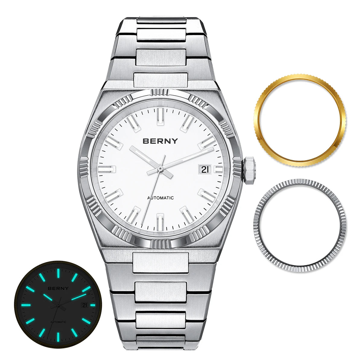 Montre automatique pour homme BERNY, dorée, verre saphir, aiguilles luminescentes, 100 % originale, équipée d'un mouvement PT5000, revêtement antireflet, modèle de luxe avec lunette interchangeable, étanche 5 ATM.