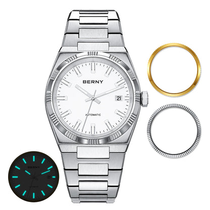 Montre automatique pour homme BERNY, dorée, verre saphir, aiguilles luminescentes, 100 % originale, équipée d'un mouvement PT5000, revêtement antireflet, modèle de luxe avec lunette interchangeable, étanche 5 ATM.