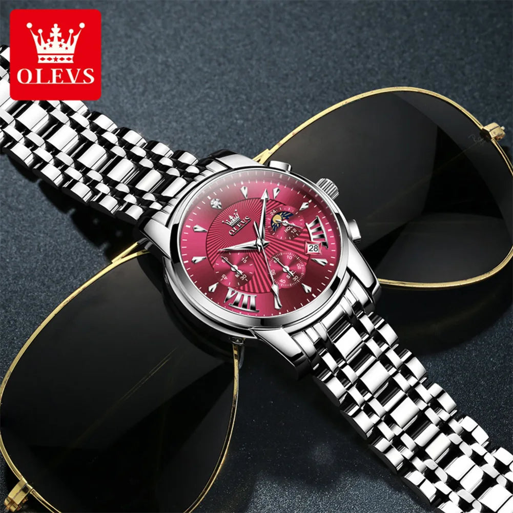 OLEVS – Modische rote Herrenuhr, luxuriöse Sportuhr, wasserdicht, Edelstahl-Chronograph, Quarz-Uhr, Herrenuhr (Relogio Masculino)