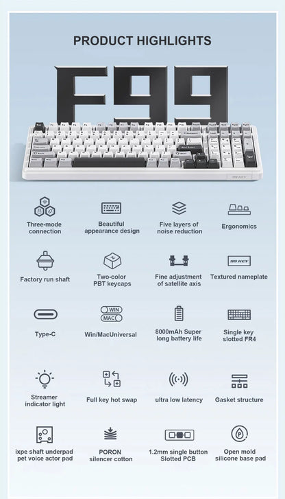 AULA F99 Machanical Keyboard Bluetooth 5.0/2.4G Wireless/Wired Gasket-mounted Gaming Keyboard 99 Keys Customizable Keyboards