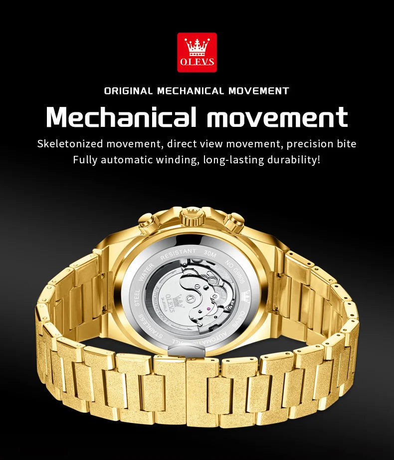 OLEVS Gold Steel Men's Watches Top Brand Automatic Mechanical Luxury Watch Sport Waterproof Tourbillon Wrist Watch Reloj Hombre