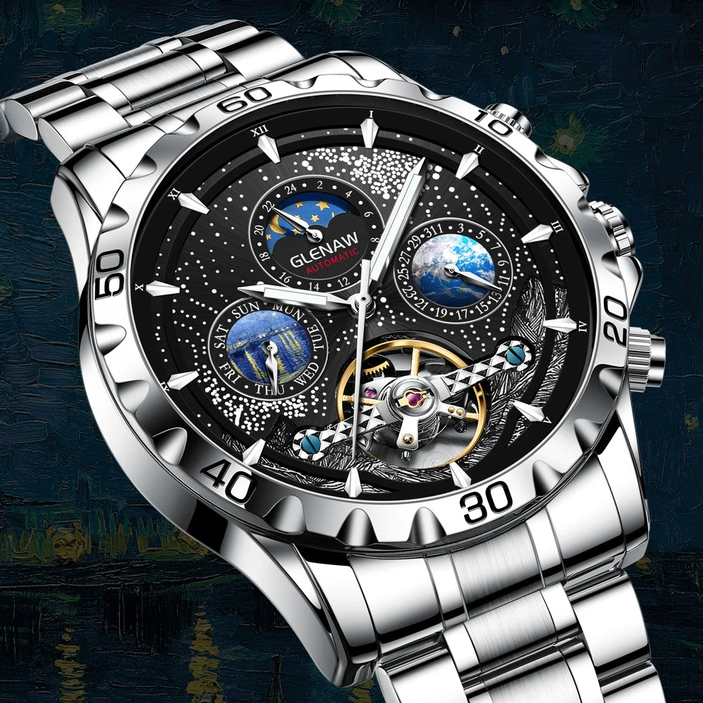Orologio da uomo con movimento meccanico a carica automatica in acciaio inossidabile. Forma della cassa: rotonda