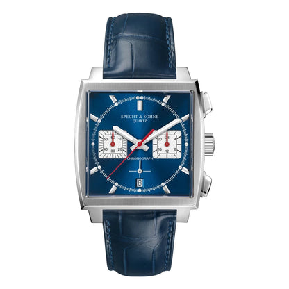 Specht & Sohne New Classic herreur med kvartsværk, blå, rustfrit stål, japansk VK63-værk, ægte læder, Montre Homme 39 mm