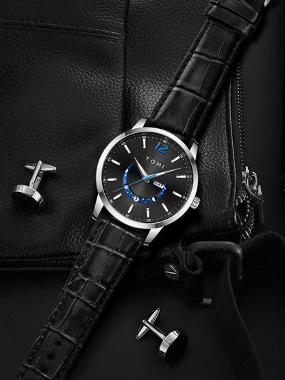 Montre à quartz TOMI, style business et élégant, avec bracelet en cuir, boîtier en alliage et cadran à aiguilles – Design haut de gamme, idée cadeau pour homme