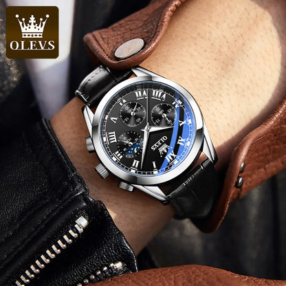 Montre à quartz pour homme OLEVS 2871 – Modèle de grande marque, étanche, style business, avec affichage des phases de lune, aiguilles luminescentes et bracelet en cuir.