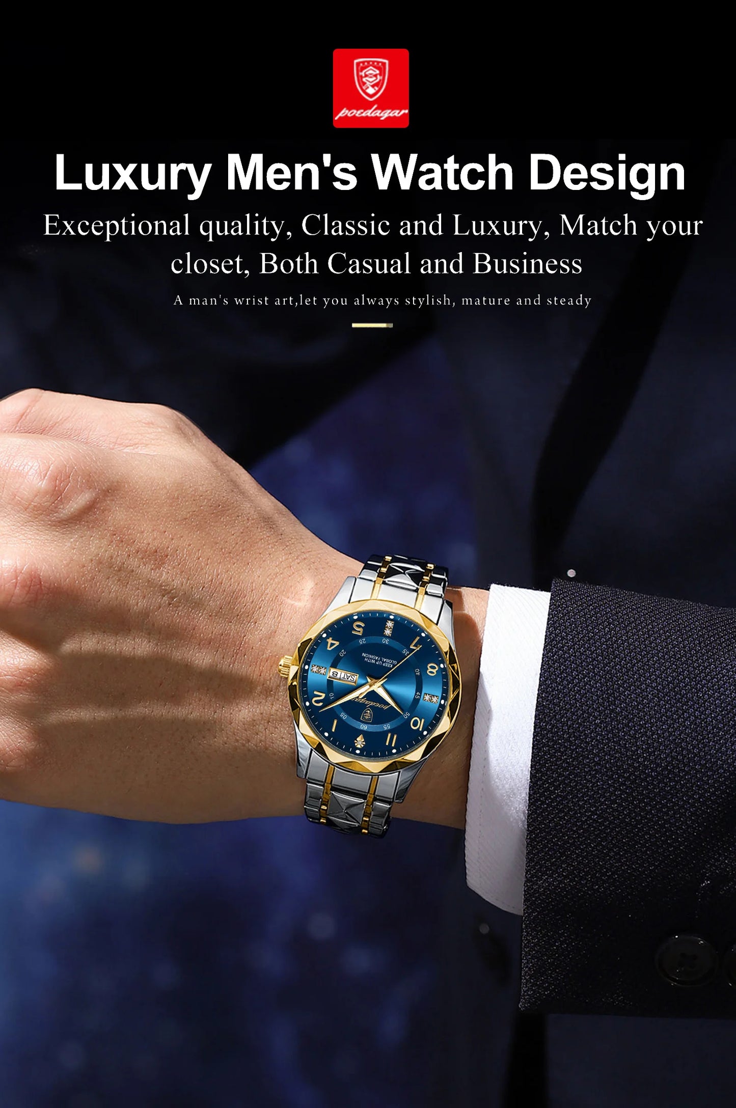 POEDAGAR Top Business Men Quartz Watch Waterproof Date Week Luminous Wristwatch Stainless Steel Fashion Men's Watches Man Clock