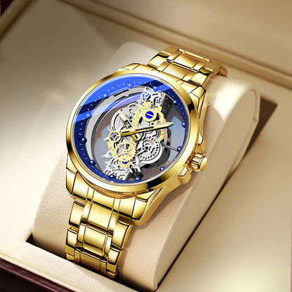 TPW Men’s Luxury Black & Gold Skeleton Quartz Watch Fashion Wristwatch