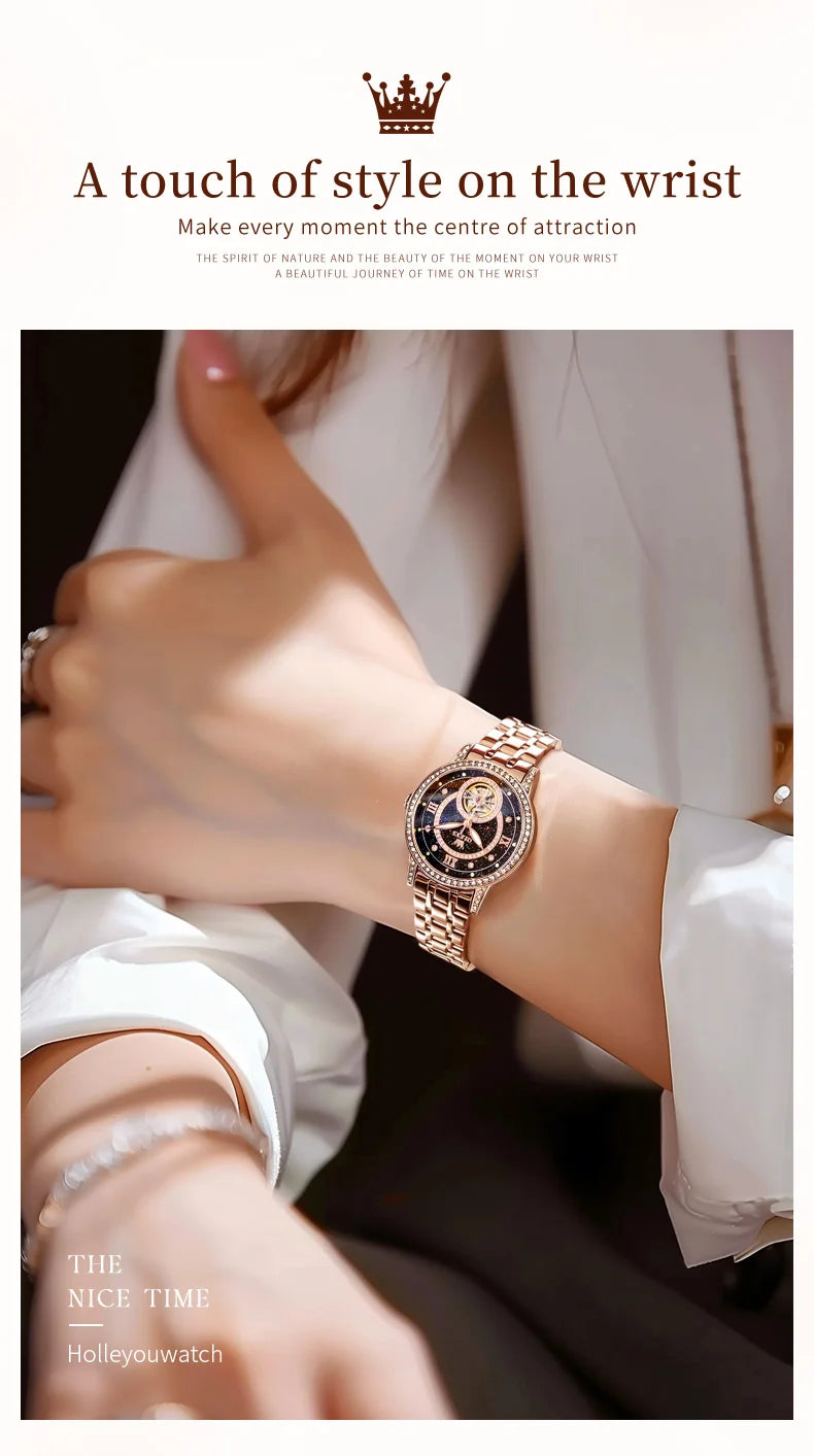OLEVS Women’s Luxury Automatic Skeleton Watch  Starry Sky Stainless Steel Mechanical Wristwatch