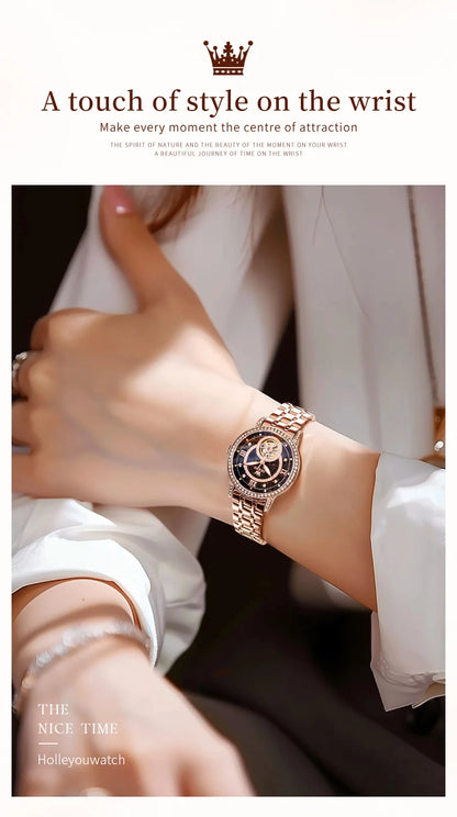 OLEVS Women’s Luxury Automatic Skeleton Watch  Starry Sky Stainless Steel Mechanical Wristwatch