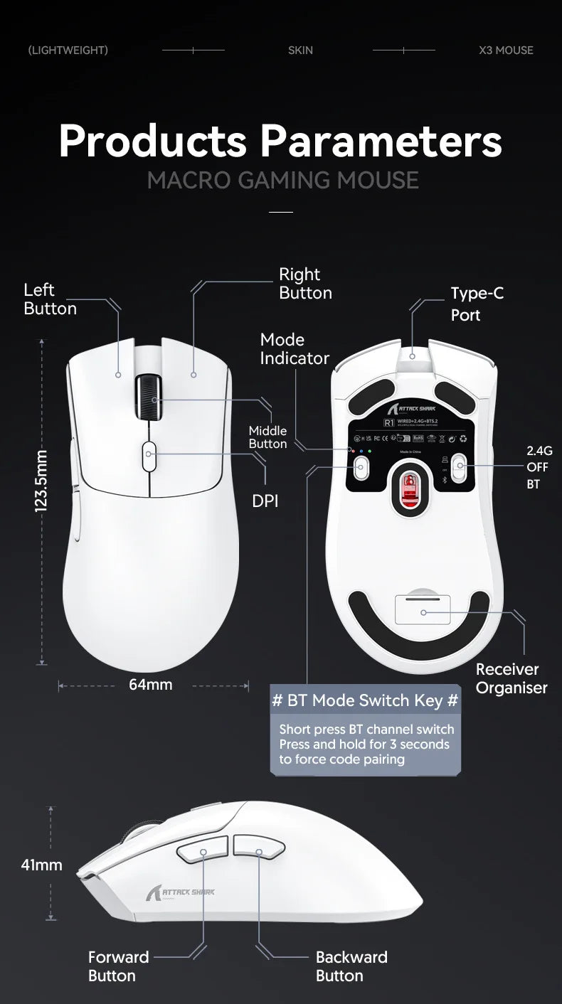 Mouse gaming wireless Attack Shark R1 leggero Bluetooth 2.4G PAW3311 18000DPI ergonomico con macro