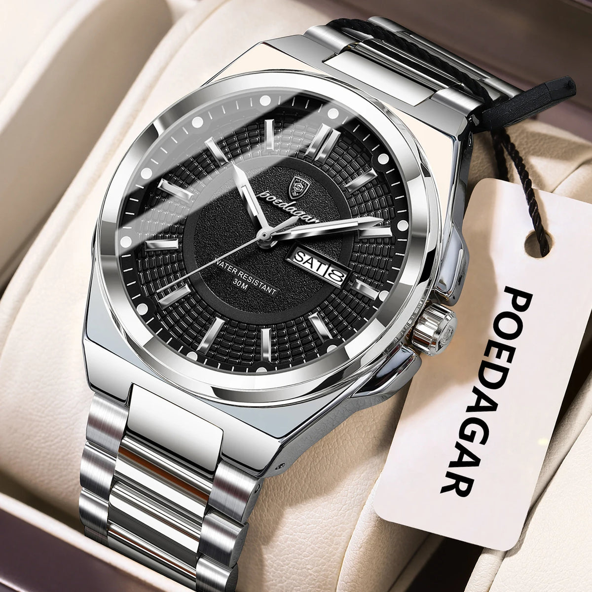 Montre-bracelet de luxe POEDAGAR Sport Original pour homme, à quartz, avec date et jour de semaine, étanche et lumineuse, en acier inoxydable.