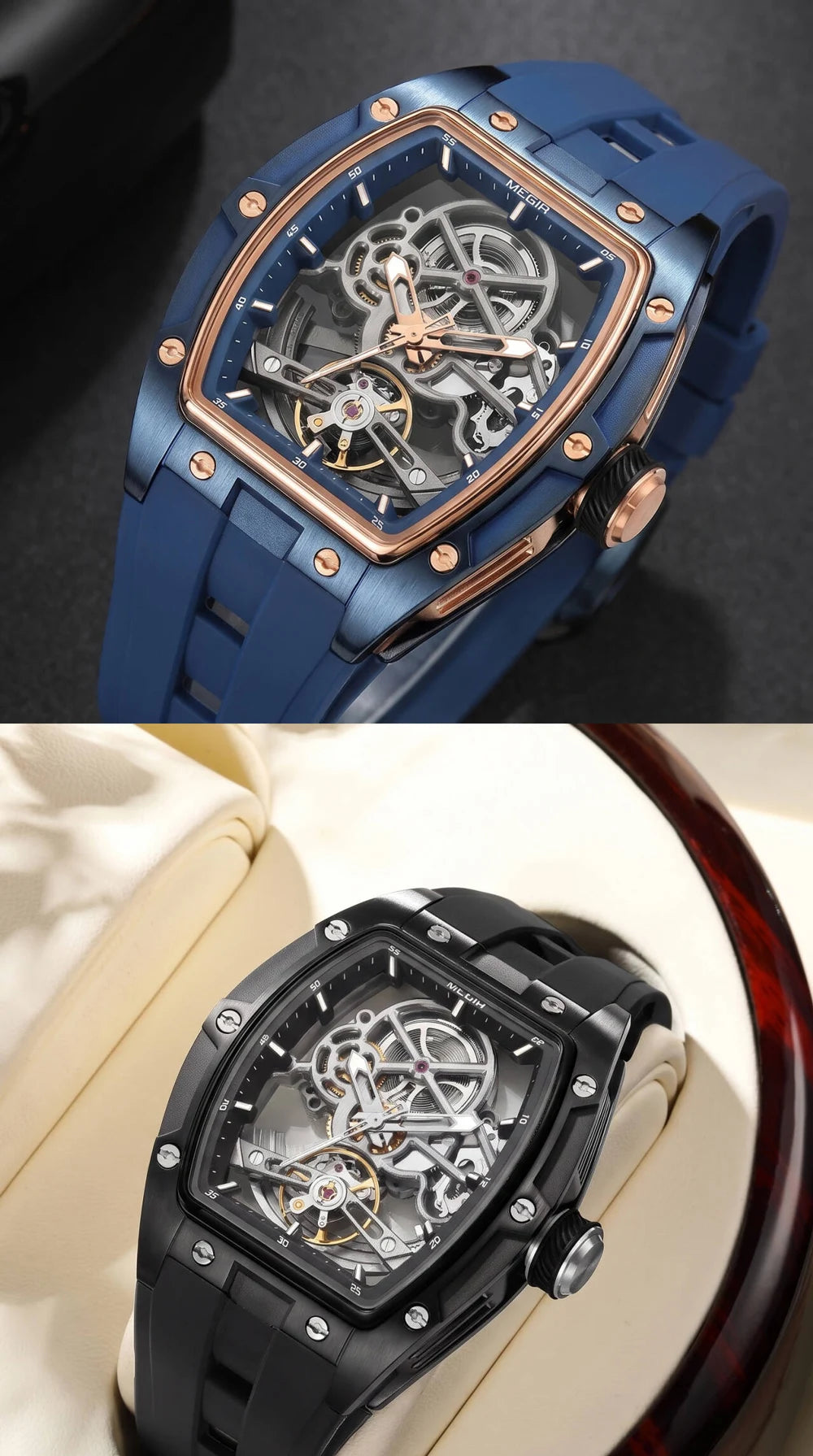 Montre mécanique pour homme MEGIR, forme tonneau, cadran squelette ajouré, style sportif, bracelet en silicone, montre automatique de luxe